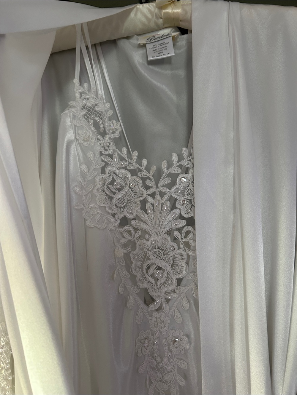 Satin Long Robe with Lace Embroidery in White - Picture 3 of 5